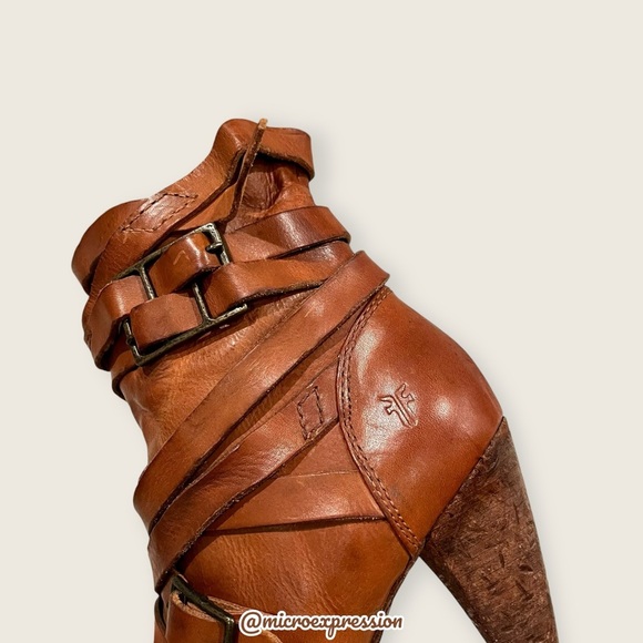 $369 Frye Mikaela Strappy Cognac Distressed Leather Zip Up Career Ankle Bootie - Picture 7 of 11